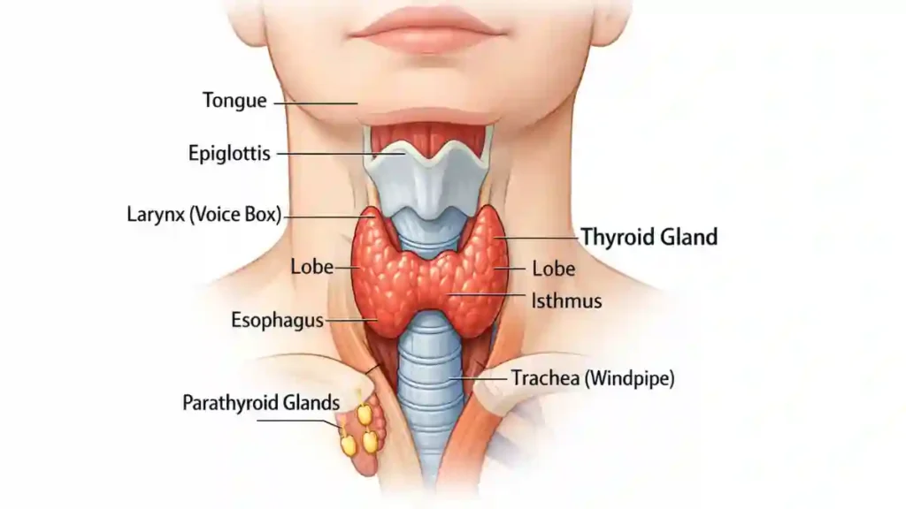 Diagram of the thyroid gland in the human neck, a butterfly-shaped endocrine gland responsible for hormone production for thyroid symptoms