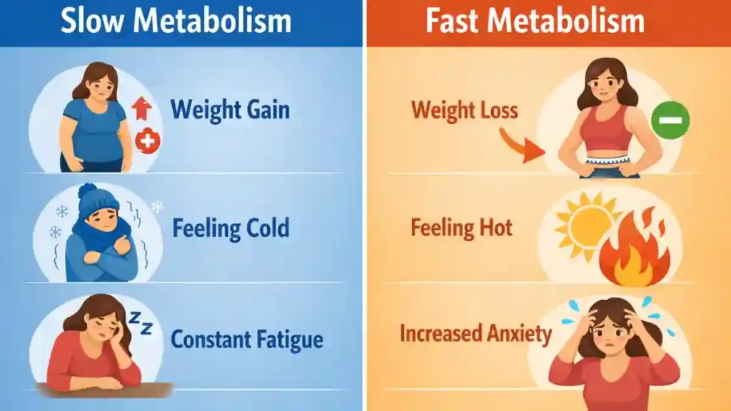 Infographic comparing hypothyroidism symptoms (underactive thyroid) and hyperthyroidism symptoms (overactive thyroid)" Thyroid Symptoms