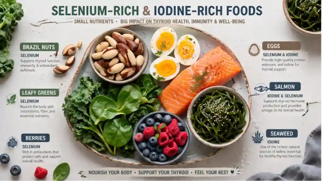 Thyroid-supporting foods rich in selenium and iodine including Brazil nuts, fish, eggs and leafy greens