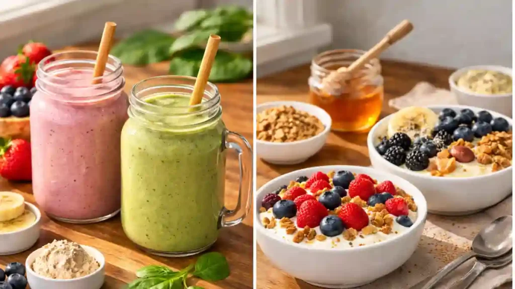 High protein breakfast ideas with Protein smoothies and Greek Yogurt Breakfast Bowl