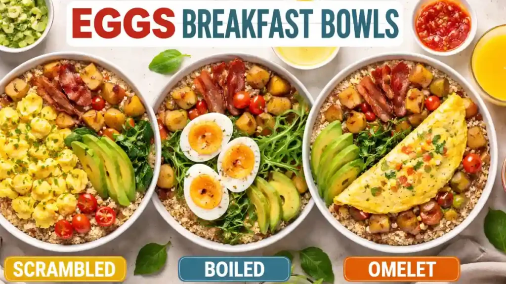 High protein breakfast ideas with  scrambled, boiled, or turned into an omelet, eggs 