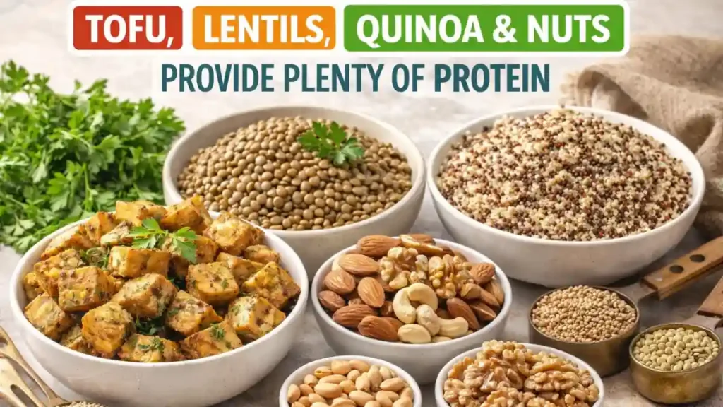 Healthy high protein breakfast ideas with plant-based foods like tofu, lentils, quinoa, and nuts.
