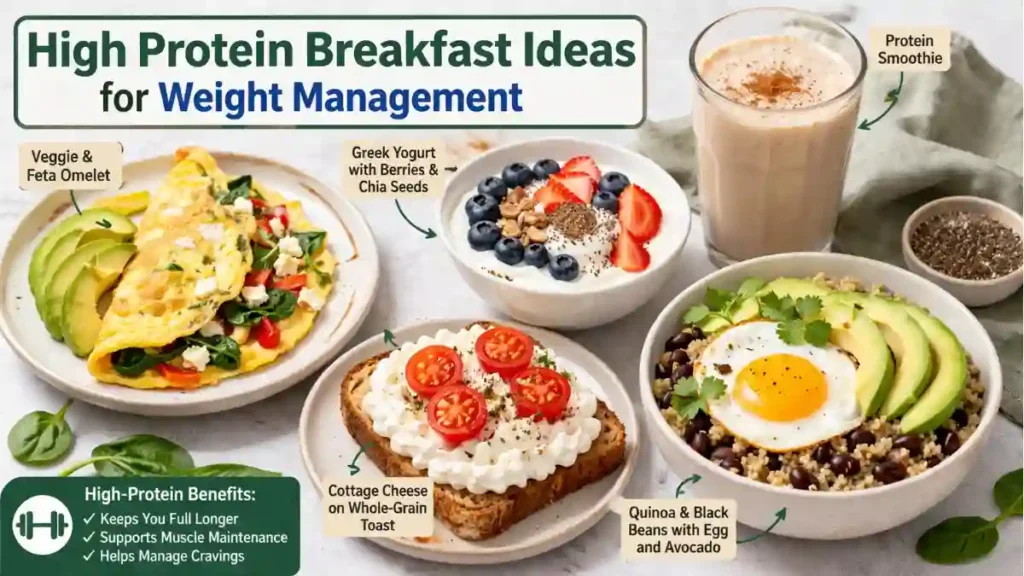 High Protein Breakfast Ideas for Weight Management with eggs, yogurt bowl, smoothie, and healthy grains.