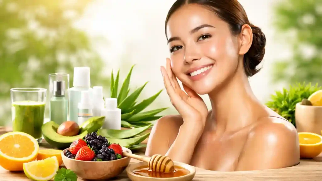 woman with natural glowing skin after following a healthy skincare routine and diet tips