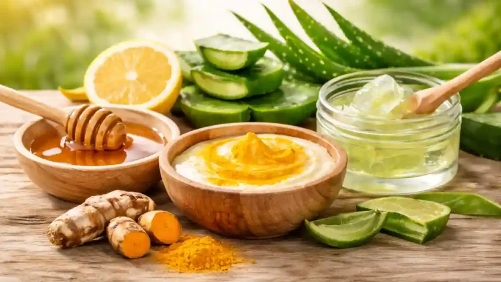 natural home remedies for glowing skin with fresh aloe vera gel raw honey and turmeric yogurt mask