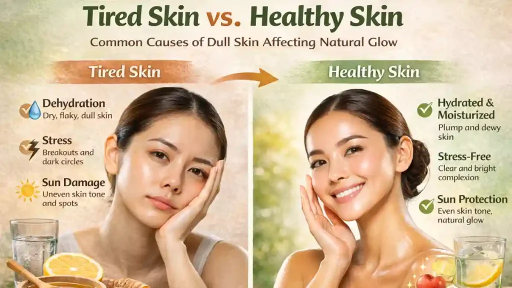 common causes of dull skin including dehydration stress and sun damage affecting natural glow