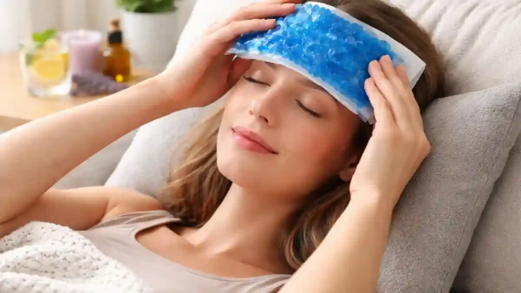 woman applying ice pack on forehead as home remedy for instant headache relief
