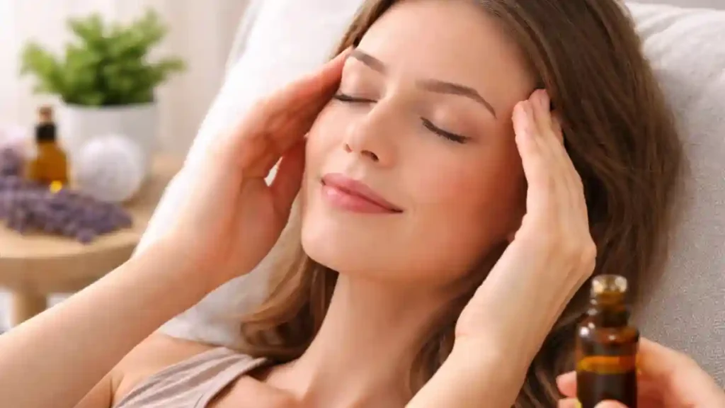 hands massaging temples with oil for natural instant headache relief
